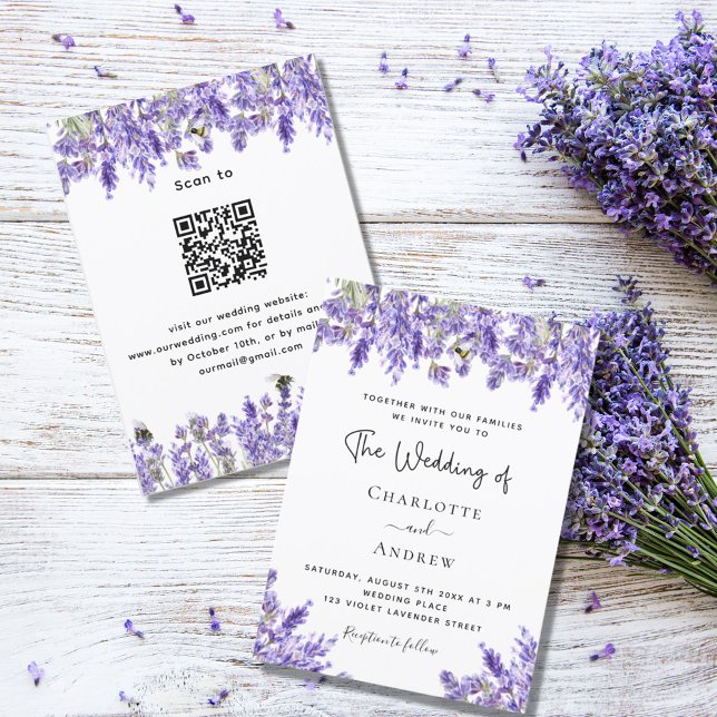 Invitation Fils violet lavande QR RSVP détails mariage (Créateur téléchargé)