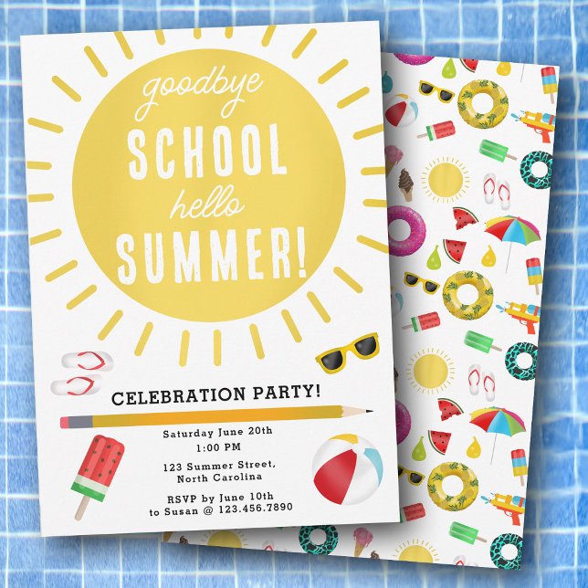 Invitation Fin de l'école au revoir Bonjour Summer Kids Party (End of School Goodbye Hello Summer Kids Party Invitation)