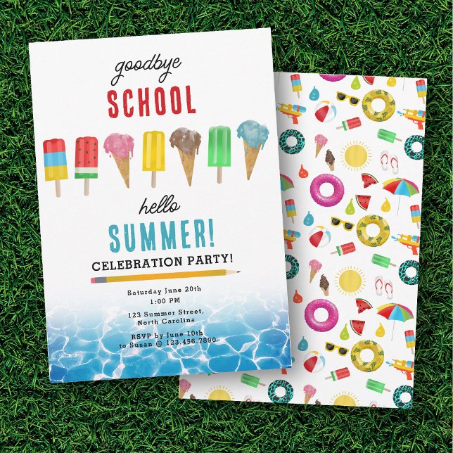 Invitation Fin de l'école au revoir Bonjour Summer Pool Party (End of School Goodbye Hello Summer Pool Party Invitation)