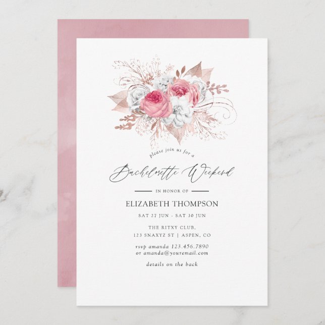 Invitation Fin de semaine Blush Pink & Rose Gold Floral Bache (Devant / Derrière)