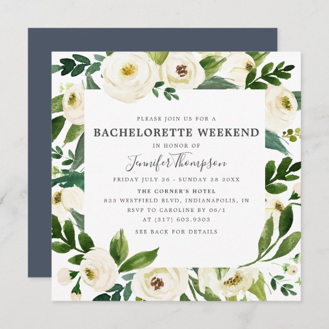 Invitation Fin de semaine de bachelorette à fleurs blanches e (Devant / Derrière)