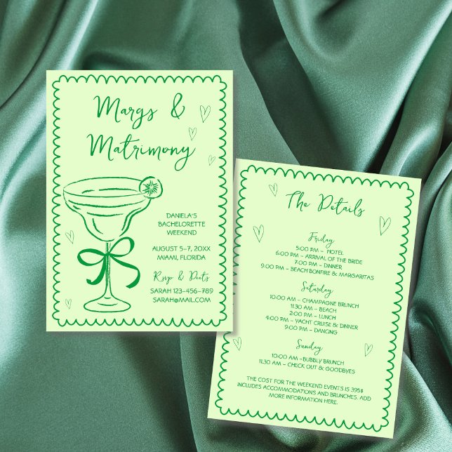 Invitation Fin de semaine de bachelorette de mariage et de ma (Hand Drawn Margs & Matrimony Bachelorette Weekend Invitation green illustrated scribble doodles)