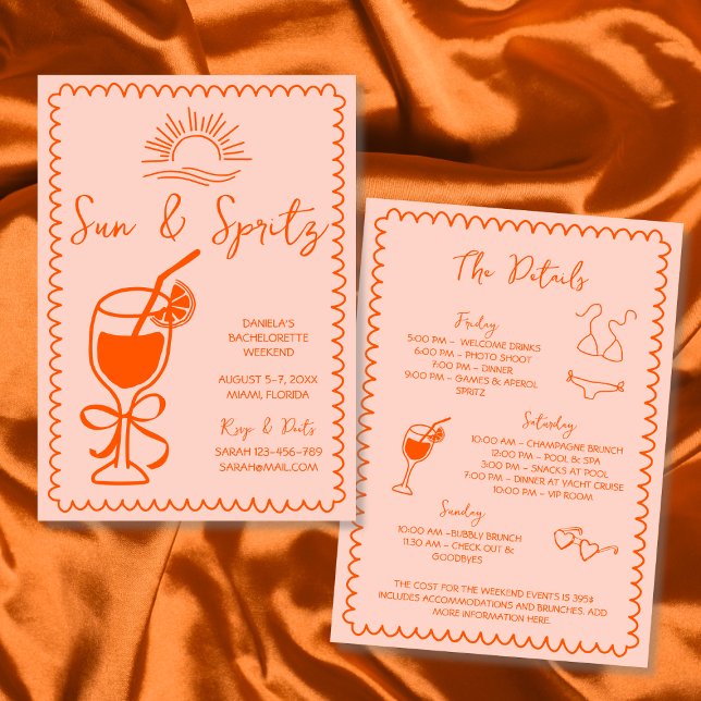 Invitation Fin de semaine de bachelorette tirée à la main Sun (Sun & Spritz Hand Drawn Bachelorette Weekend Invitation)