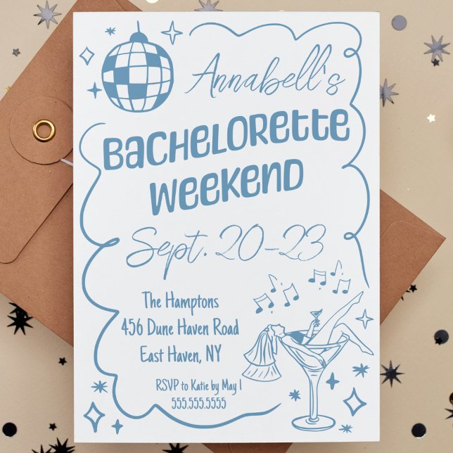 Invitation Fin de semaine de la soirée de bachelorette de la  (blue bachelorette party weekend invitation hand drawn disco cocktail modern weekend itinerary cute)