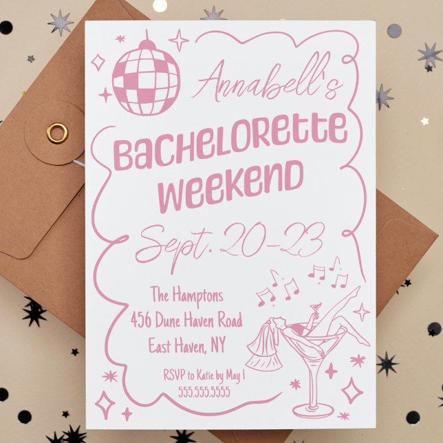 Invitation Fin de semaine de soirée disco bachelorette à main (pink bachelorette party weekend invitation hand drawn disco cocktail modern weekend itinerary cute)