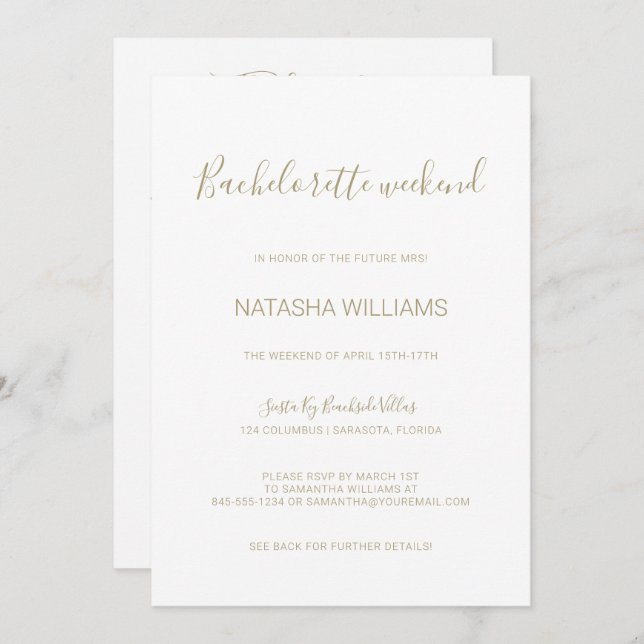 Invitation Fin de semaine Natasha Gold Bachelorette avec Itin (Devant / Derrière)