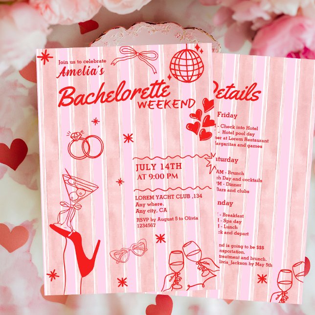 Invitation Fin de semaine Retro Hen Bachelorette rouge et ros (Créateur téléchargé)