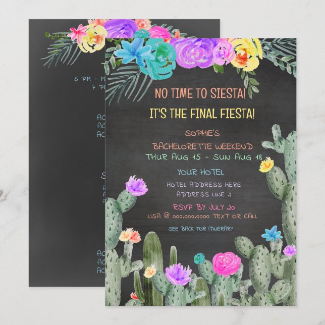 Invitation Final Fiesta Itinerary Bachelorette Party  (Devant / Derrière)