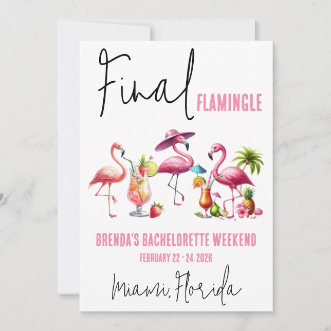 Invitation Final Flamingle, Flamant rose Bachelorette Week-en (Devant)