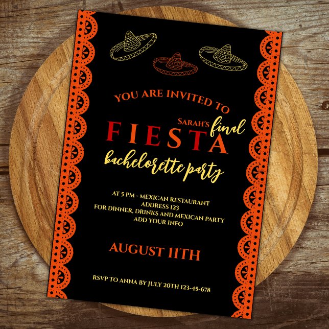 Invitation Finale Fiesta soirée mexicaine de bachelorette (final fiesta bachelorette party weekend itinerary invitation red and orange sombreros mexican themed)