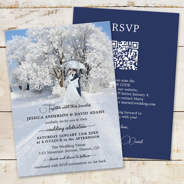 Invitation Fine Art QR Code Winter Wonderland Mariage (Wedding invitation featuring a fine art winter wonderland scenery with a couple with umbrella)
