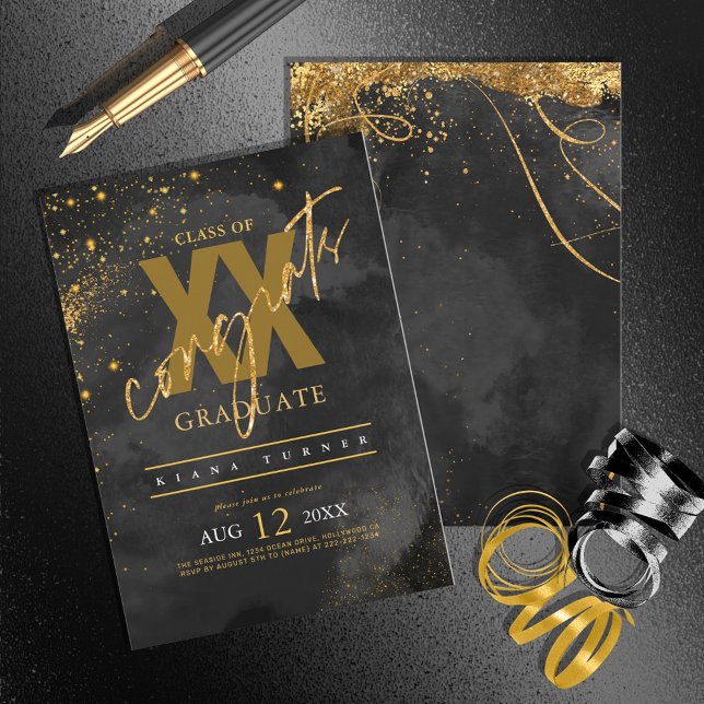 Invitation Fine Lines Gold Abstrait Graduation Black ID867 (Créateur téléchargé)