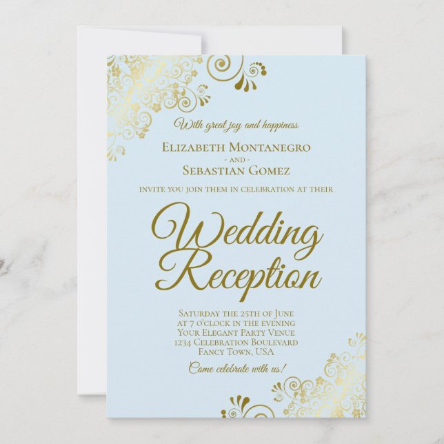 Invitation Fines dorées et élégante réception de mariage bleu (Devant)