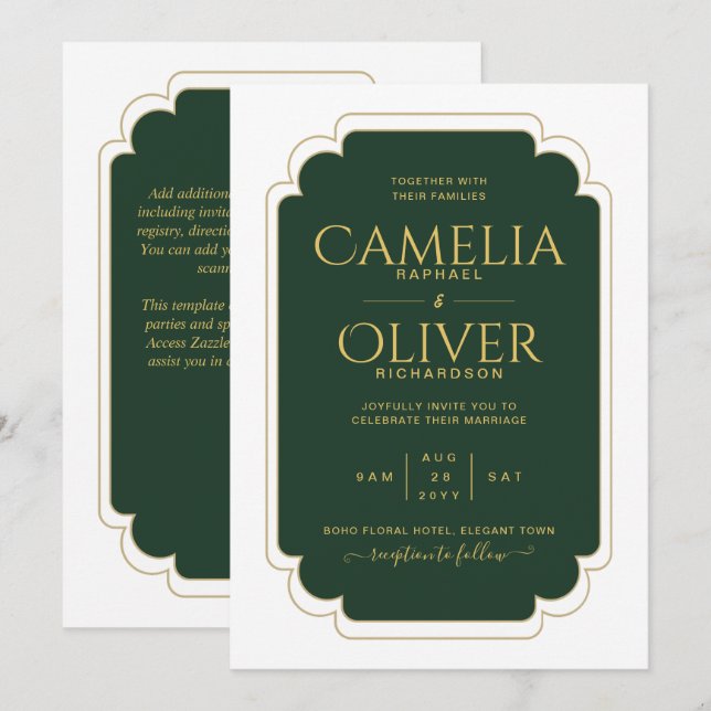 Invitation Finest Emerald Green Gold MONOCHROME Mariage Invit (Devant / Derrière)