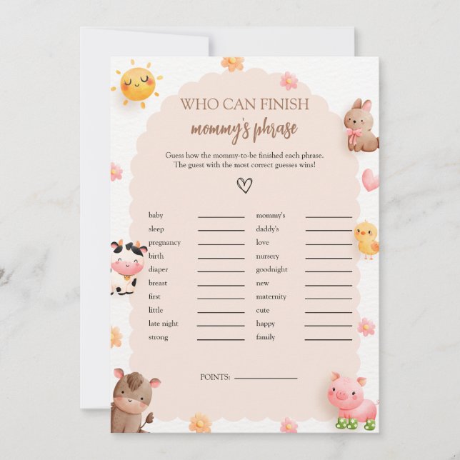 Invitation Finish Mommy's Phrase Baby shower Game Card (Devant)