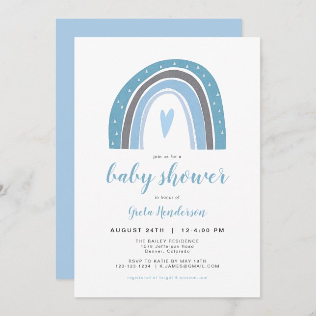 Invitation FINN | Baby shower arc-en-ciel en bleu de Bohême (Devant / Derrière)