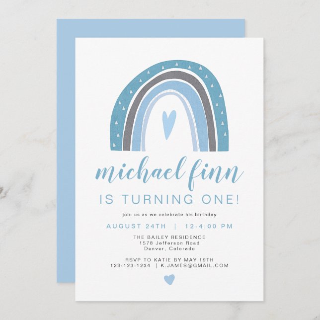 Invitation FINN | Dusty Blue Boho Rainbow Heart Boy Anniversa (Devant / Derrière)