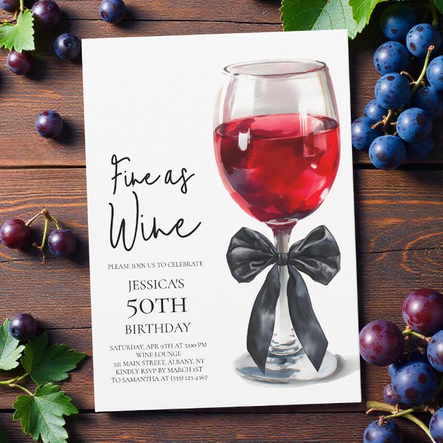 Invitation Fins comme du vin Élégant Nœud Noir 50e Fête d'Ann (Fine as Wine Elegant Black Bow 50th Birthday Party Invitation)