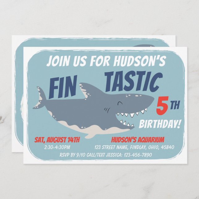 Invitation Fintastic Happy Shark fête d'anniversaire, n'impor (Devant / Derrière)