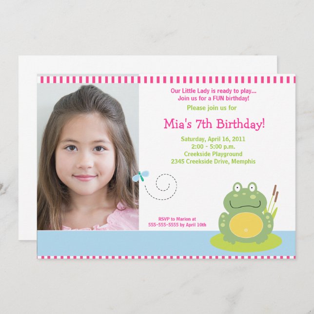 Invitation Fiona la grenouille à l'étang vert *PHOTO* Anniver (Devant / Derrière)