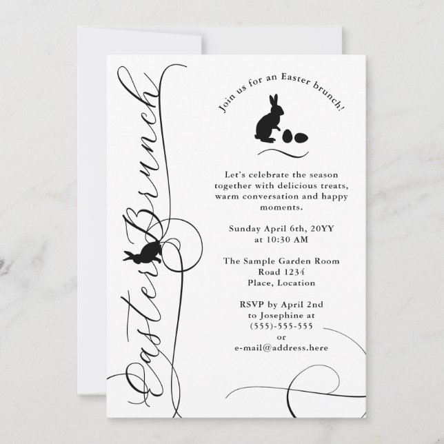 Invitation Fioritures noires en spirale avec brunch de Pâques (Devant)