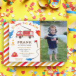 Invitation Fire Truck Fire Engine Anniversaire de fête Photo<br><div class="desc">Célébrez l'anniversaire de votre fils ou de votre fille avec cette invitation à la fête d'anniversaire pour camion de pompier mignon. Invitation est décoré avec le cône de sécurité, la hache, l'eau, le feu et le tuyau d'incendie. Le numéro sur le casque de pompier peut être changé pour l'âge de...</div>
