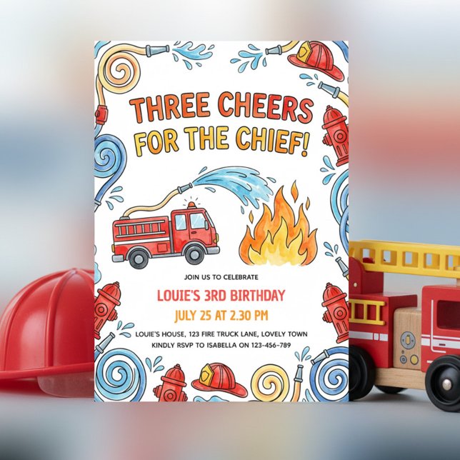 Invitation Fire Truck Three Cheers Chief Boys Birthday (3rd birthday invitation with red fire truck and little hero firefighting theme)