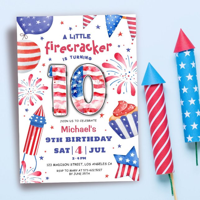 Invitation Firecracker 4 Juillet 10 Anniversaire Patriotic Cu (Créateur téléchargé)