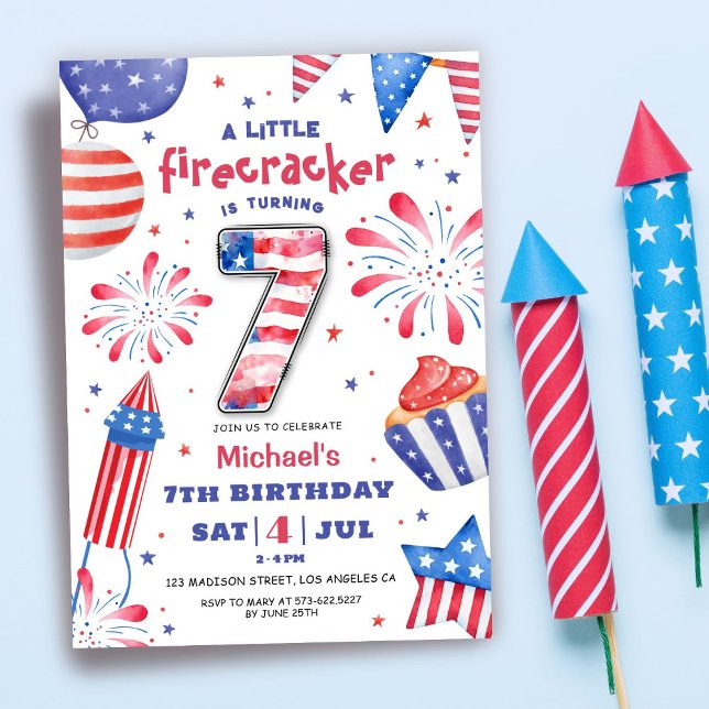 Invitation Firecracker 4 Juillet 7 Anniversaire Patriotic Cut (Créateur téléchargé)