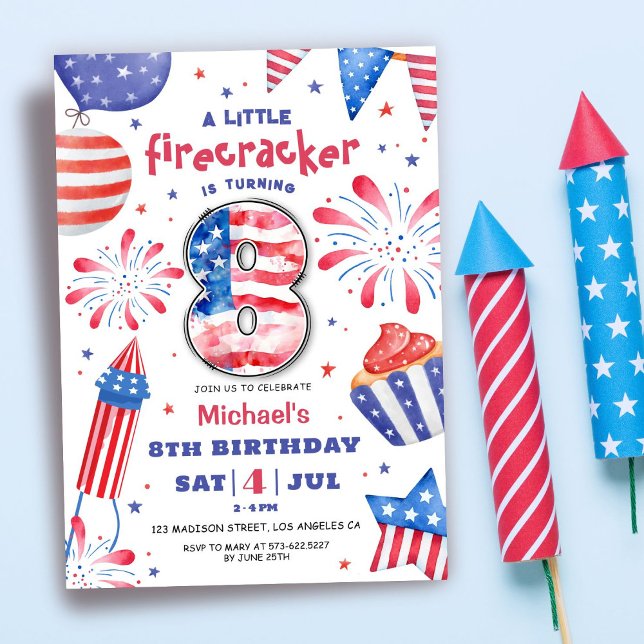 Invitation Firecracker 4 Juillet 8 Anniversaire Patriotic Cut (Créateur téléchargé)