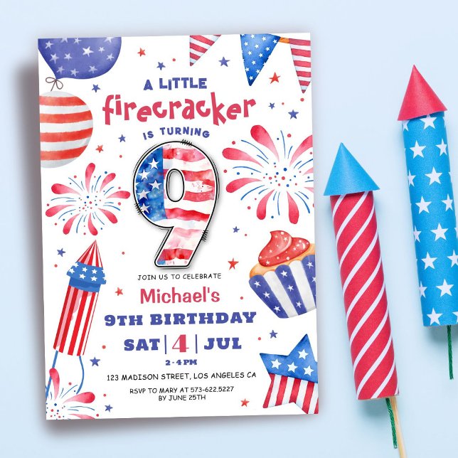 Invitation Firecracker 4 Juillet 9 Anniversaire Patriotic Cut (Créateur téléchargé)