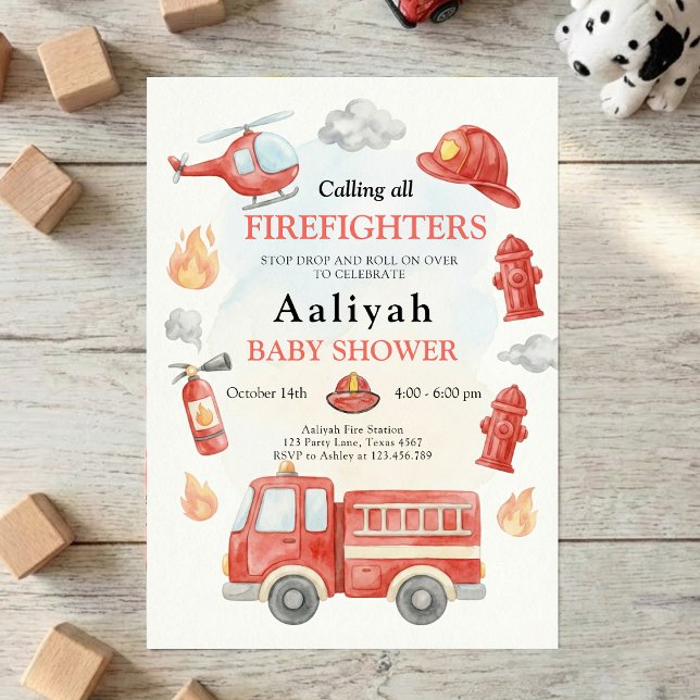 Invitation firetruck party firefighter vehicle baby shower (Créateur téléchargé)