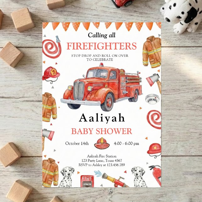 Invitation firetruck party firefighter vehicle baby shower (Créateur téléchargé)