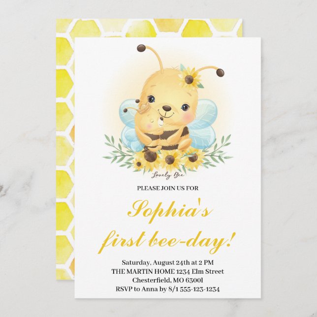 Invitation First Bee Day Bee Honey Bee 1er Birthday Invitatia (Devant / Derrière)
