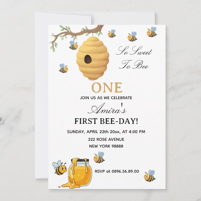 Invitation First Bee Day yellow honey 1st Birthday (Devant)