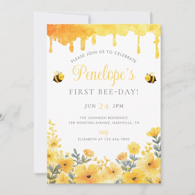 Invitation First Bee Day Yellow Wildflowers 1st Birthday (Devant)