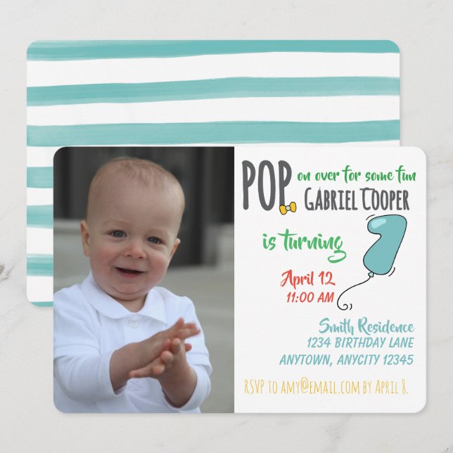 Invitation First Birthday Balloon Graphic Colorful Boy (Devant / Derrière)