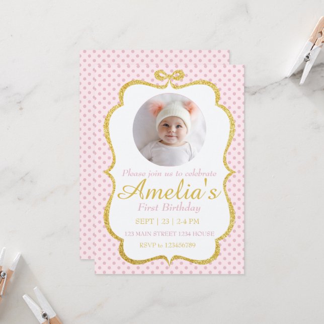 Invitation First Birthday Invite (Devant/Arrière en situation)