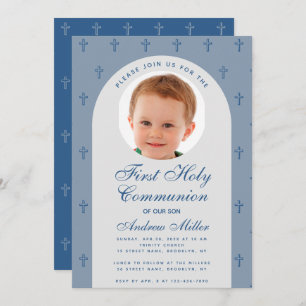 Invitation First Communion Boy Photo Dusty Blue Arch Moderne