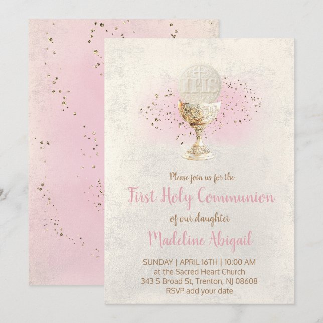 Invitation first communion  FAUX glitter and pink watercolor (Devant / Derrière)