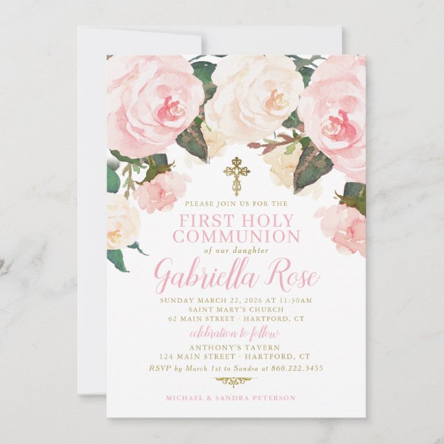 Invitation First Communion Invite, Pink Floral Gold (Devant)