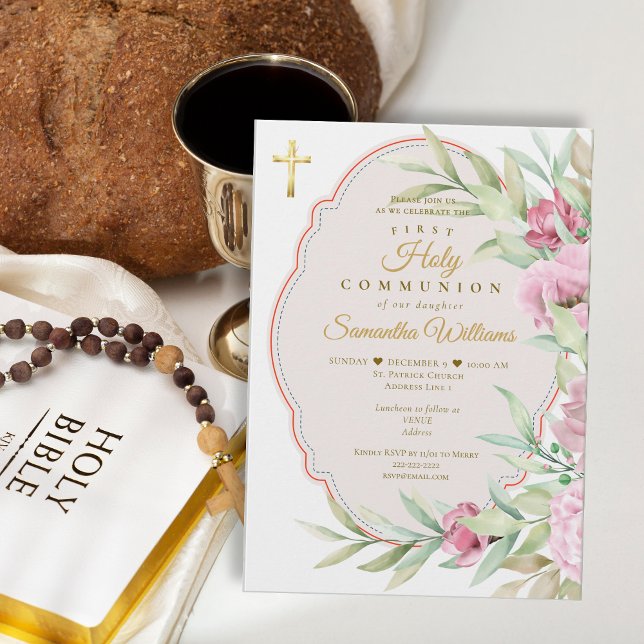 Invitation First Communion Pink Floral Watercolor Gold Cross (Girl First Communion Elegant Pink Floral Watercolor Gold Cross Invitation)
