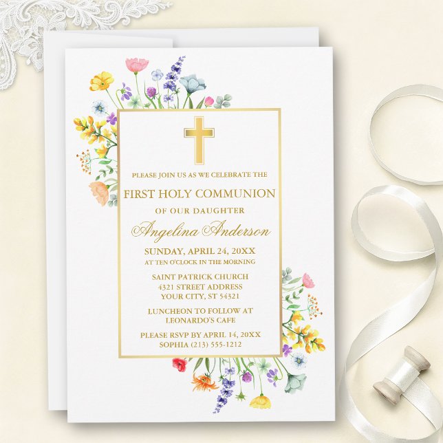 Invitation First Communion Watercolor Wildflowers Gold  (Customize to change text size, text style or color.)