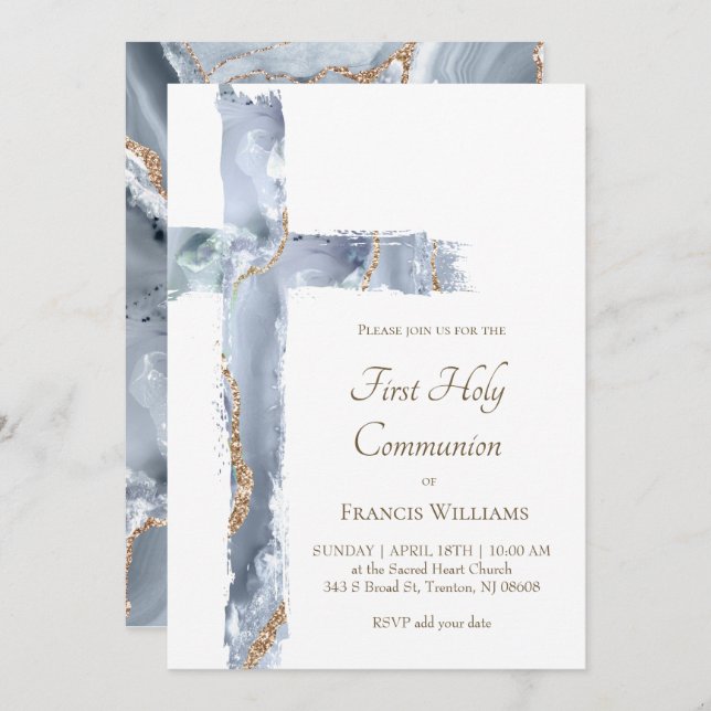 Invitation First Holy Communion blue agate Holy Cross (Devant / Derrière)
