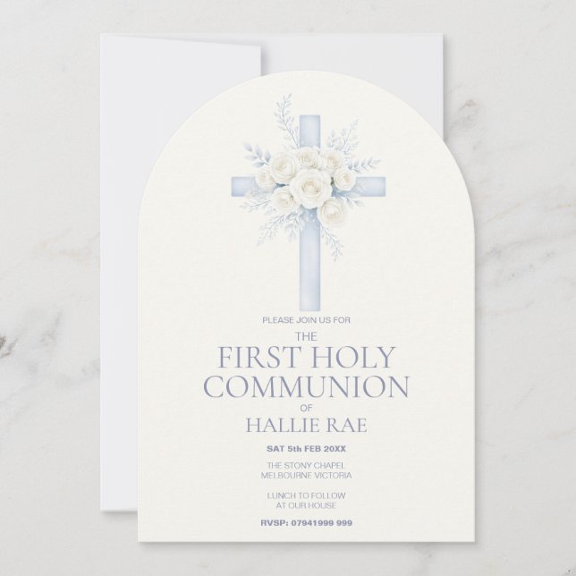 Invitation First Holy Communion, Blue Floral Cross Arched (Devant)