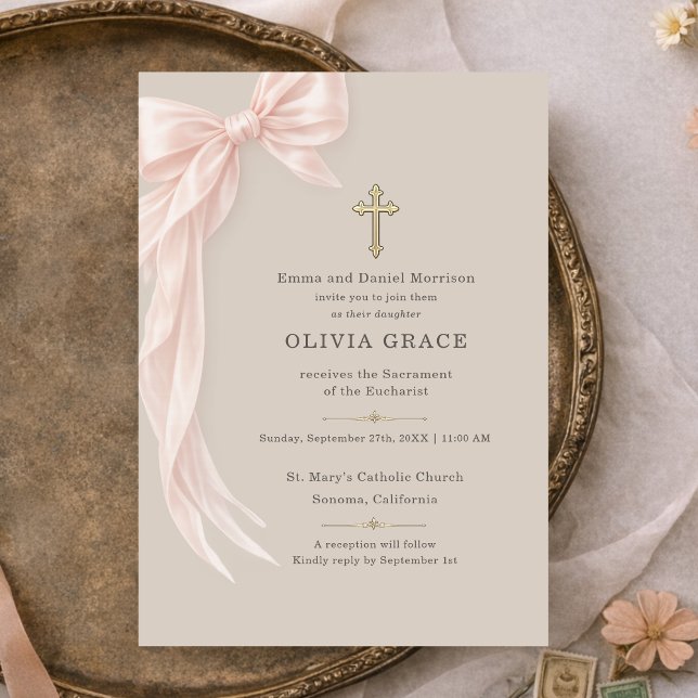 Invitation First Holy Communion Bow Girl Taupe (Créateur téléchargé)