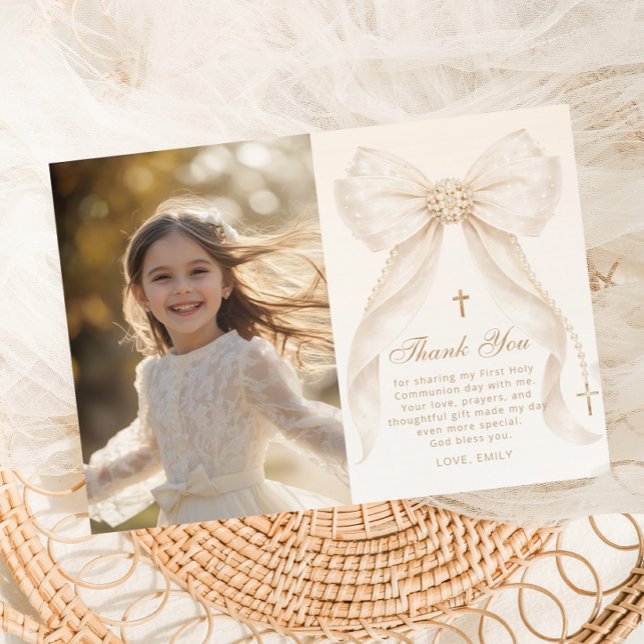 Invitation First Holy Communion Bow Photo Thank you Card (Créateur téléchargé)