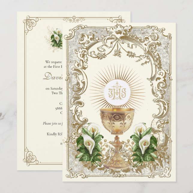Invitation First Holy Communion Chalice Eucharist Calla Lily (Devant / Derrière)