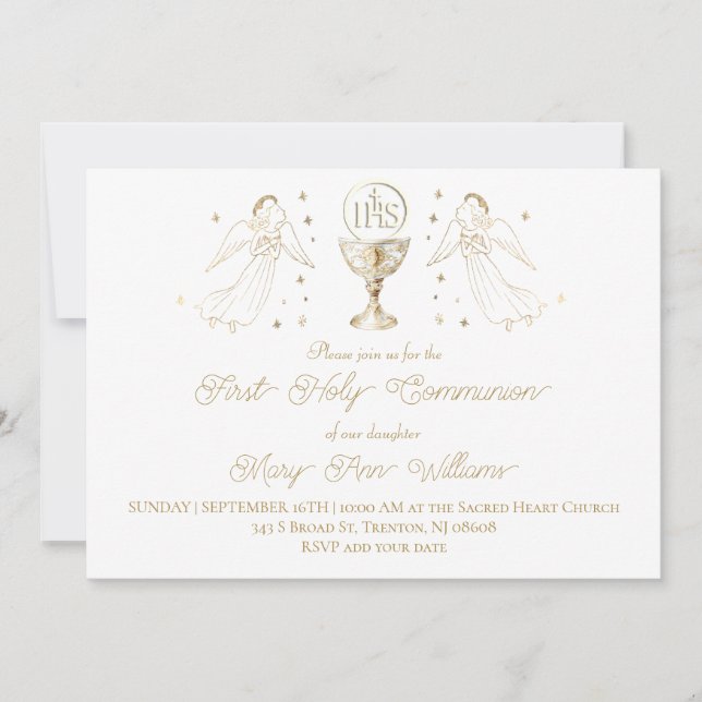 Invitation First Holy Communion golden angels Chalice Host (Devant)