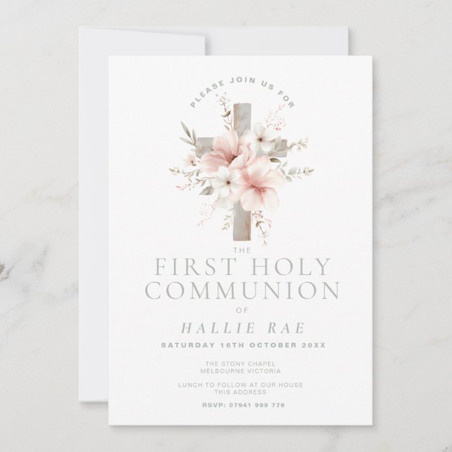 Invitation First Holy Communion Invitation, Floral Cross (Devant)